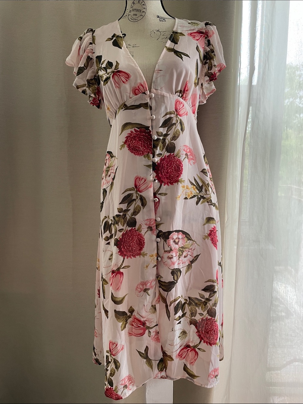 Forever 21 Blush Floral Midi Dress with Puff Sleeves
